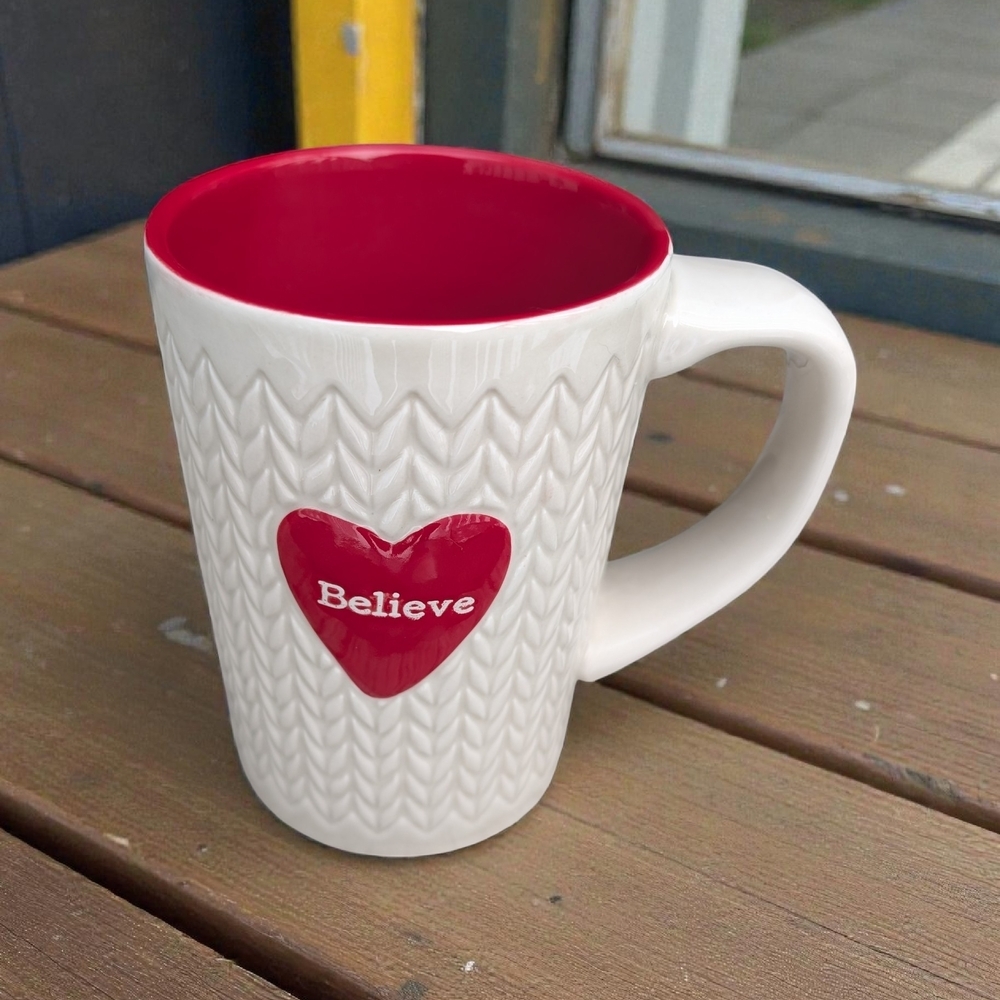 DEMDACO "Believe" Merry Cuddle Mug - White Cable Knit Texture with Red Heart